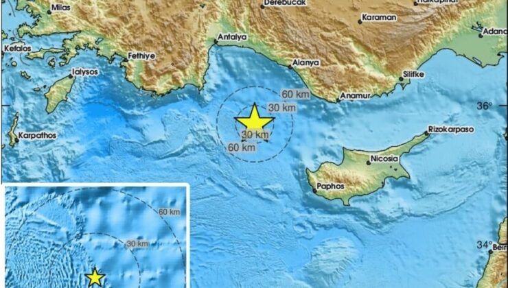 Antalya ile Kıbrıs arasında, denizde 5.5 büyüklüğünde deprem